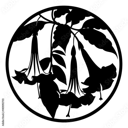 Elegant Black and White Floral Design Featuring Datura Flowers in a Circular Frame