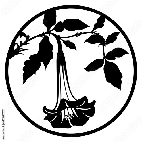 Elegant Black and White Datura Flower in Circular Frame Botanical Illustration