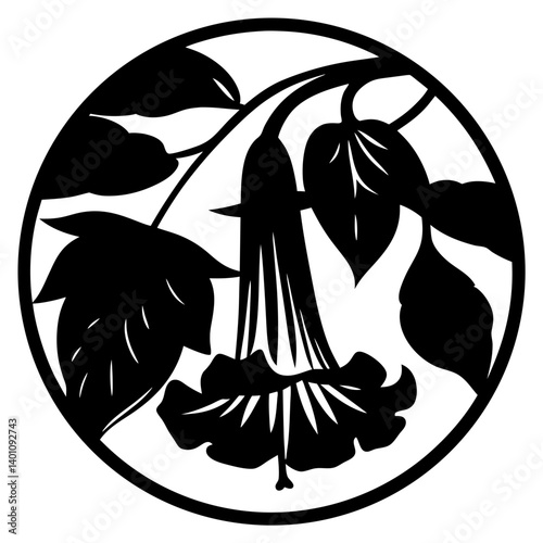 Elegant Black and White Floral Illustration of a Datura Flower in a Circular Frame