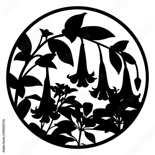A striking circular design featuring a stylized floral arrangement of trumpetshaped flowers and lush foliage in a bold black silhouette against a white background