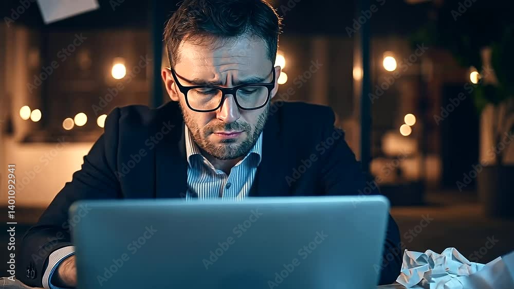 A dimly lit corporate office, where a fatigued man wearing glasses stares at his laptop, surrounded by crumpled papers and unfinished reports, symbolizing workplace burnout.