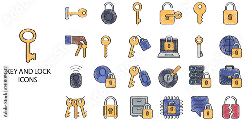 Key and Lock simple concept 24 hand drawn color icons set. Contains such key, lock, monitoring, network, padlock, pass, pass-code .Vector illustration.