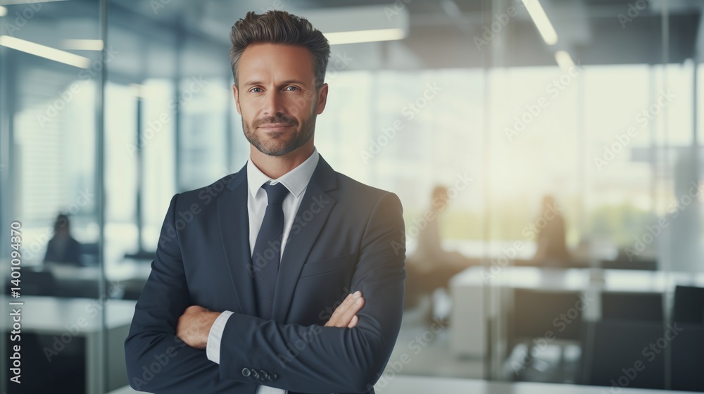 A successful businessman standing tall with a warm smile, wearing a sharp tailored suit, arms crossed, looking directly at the camera A successful businessman standing tall with a warm smile, wearing a sharp tailored suit, arms crossed, looking directly at the camera