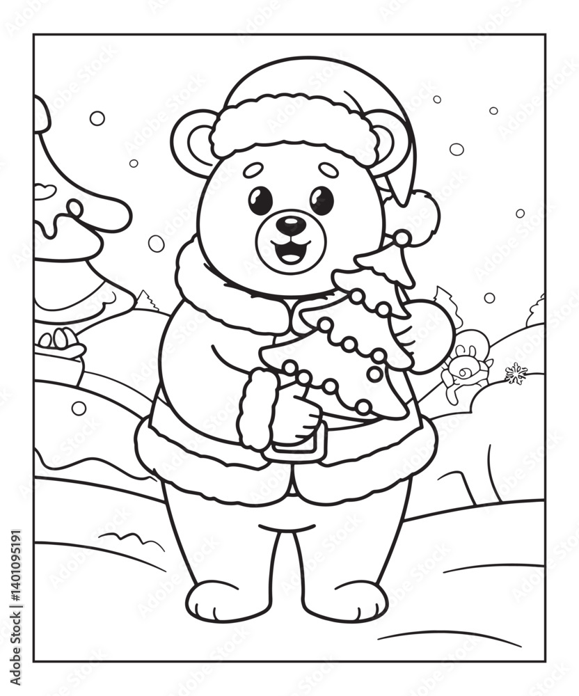 Fototapeta premium Cute bear wearing christmas hat coloring page for kids, black line art vector illustration on white background 
