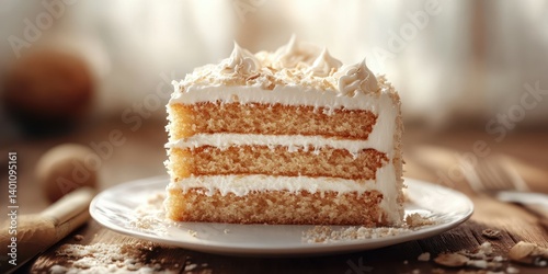 Delicious layered cake served on a plate with creamy frosting and a light dusting of coconut flakes in a cozy setting