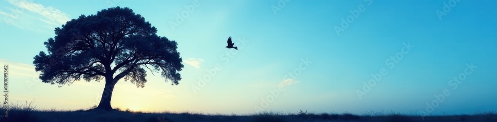 Obraz premium Silhouette of tree against blue sky with bird in flight, wildlife, tree silhouette