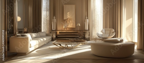 Luxurious living room interior showcasing modern furniture and bright lighting