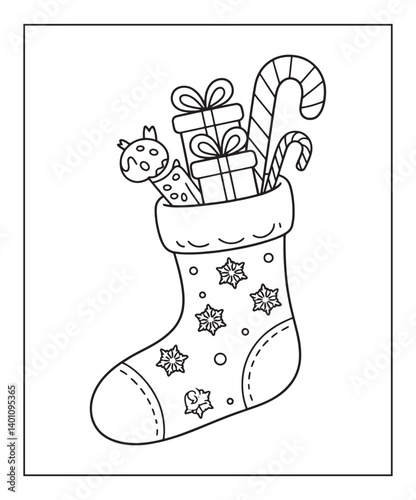 Christmas sock with candy and sweets coloring page for kids, black line art vector illustration on white background