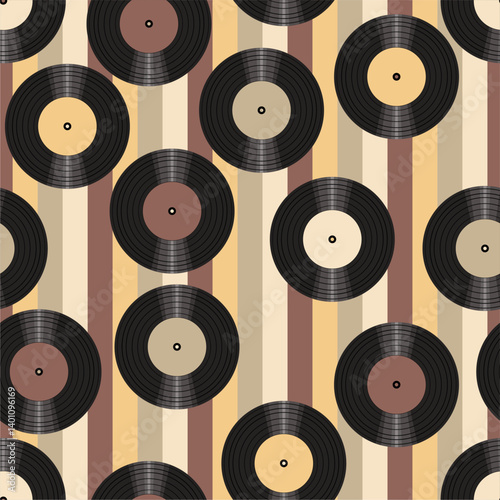 Seamless pattern print wallpaper with vinyl record discs music illustration vector retro style 60s, 70s, 80s, design art background for paper, textile, pack etc.	
