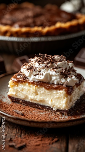 Wallpaper Mural Delicious layer cake with creamy filling and chocolate topping on wooden table, perfect for dessert Torontodigital.ca