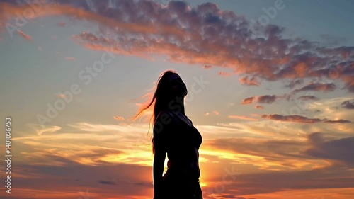 Peaceful silhouette of a woman gazing at a vibrant sunset sky