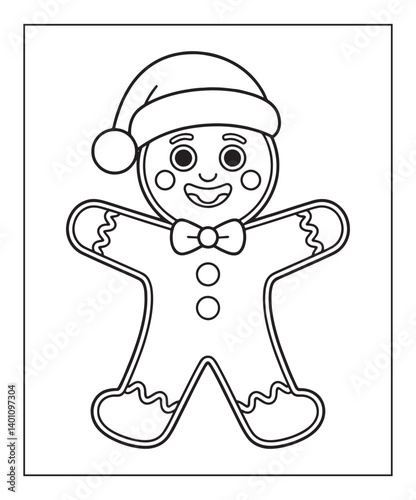 Gingerbread man Christmas coloring page for kids, black line art vector illustration on white background 