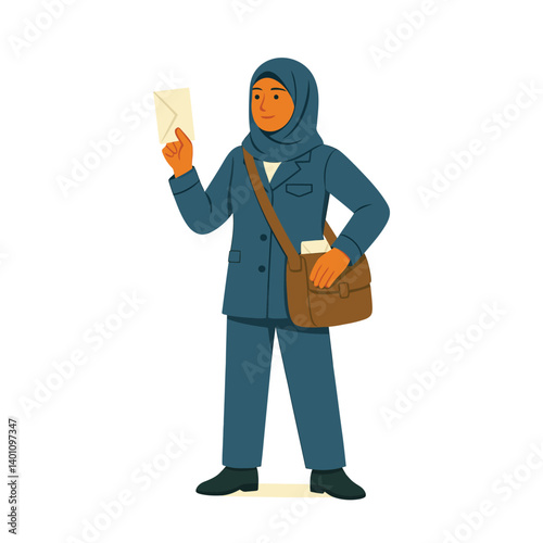 Hijabi mailwoman holding envelope and bag, postal delivery character in uniform with headscarf – vector illustration
