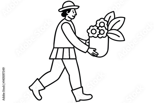 Fun cartoon girl with a flower bouquet and cowboy hat drawing
