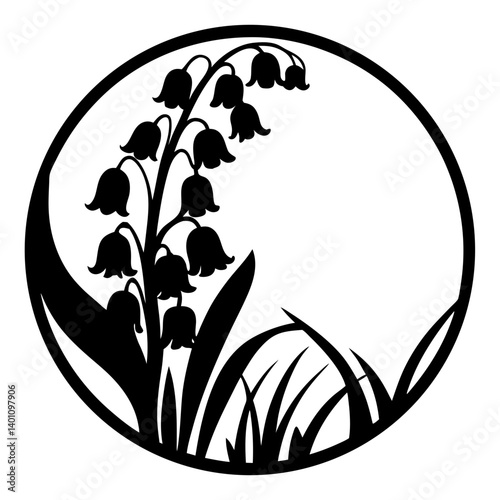 Elegant Black and White Lily of the Valley Floral Circle Design Illustration