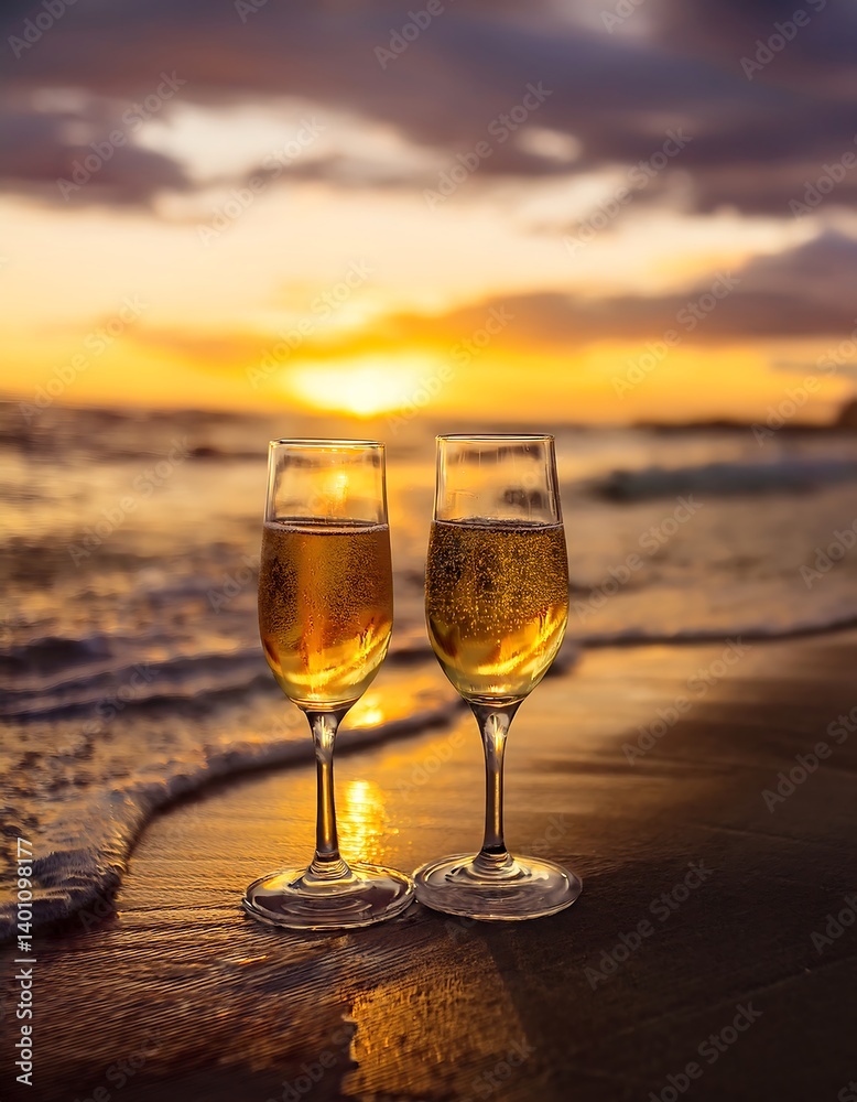 Champagne Glasses at Sunset on a Beachside Table. AI Generative