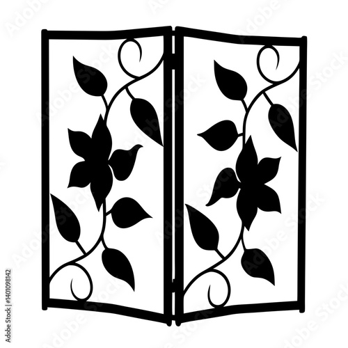 Elegant Black Metal Room Divider with Floral Design Accents Two Panel Screen Decorative Art