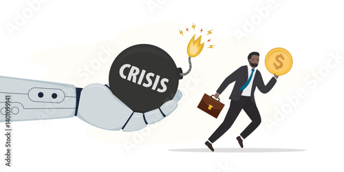 Robot arm give bomb with burning fuse for male employee. Businessman with money run away from new technologies. Idea of unemployment. Jobless person, financial crisis.