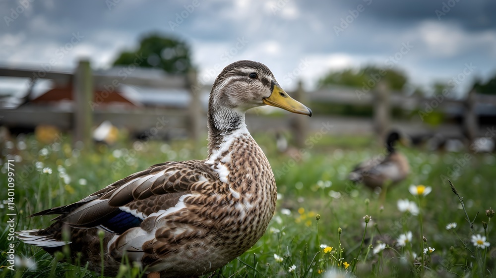 Brown Speckled Duck Standing Among Wildflowers Brown Speckled Duck Standing Among Wildflowers