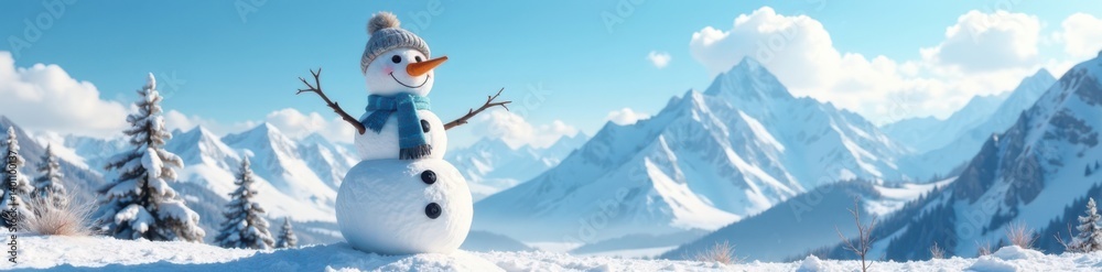 A happy snowman standing alone in front of a panoramic view of snow-capped mountains with a bright blue sky and white clouds, mountain range, happy snowman A happy snowman standing alone in front of a panoramic view of snow-capped mountains with a bright blue sky and white clouds, mountain range, happy snowman