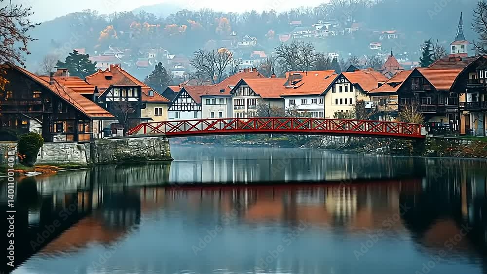 Serene riverside village with colorful autumn foliage and a quaint red bridge reflecting in calm waters