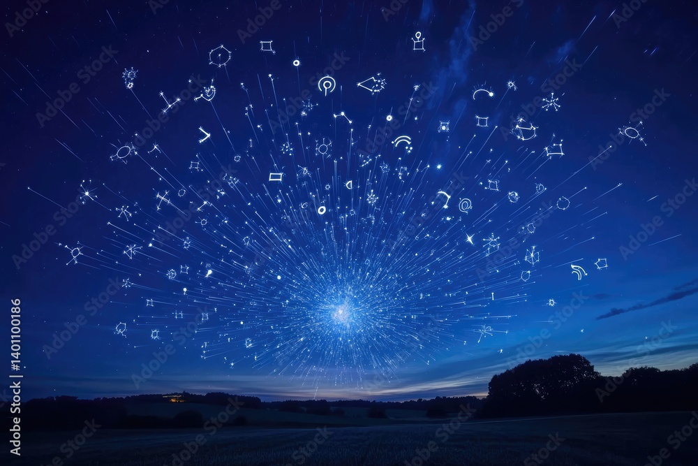 Surreal time lapse of zodiac symbols shifting across a starlit sky