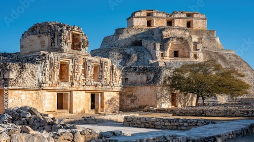 Ancient Mayan pyramid bathed in golden sunlight  intricate carvings visible - america traditional ruins mysterious historical