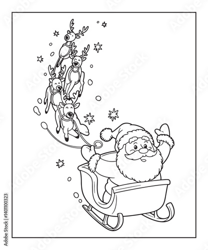 Santa claus on sleigh with reindeer christmas coloring page for kids, black line art vector illustration on white background 