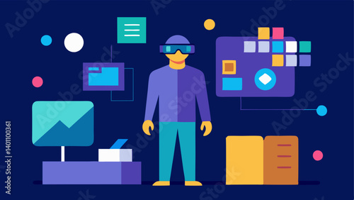 Interior Designer with VR Glasses An interior designer wearing VR glasses surrounded by floating digital images of furniture and color palettes envisioning a new room layout.