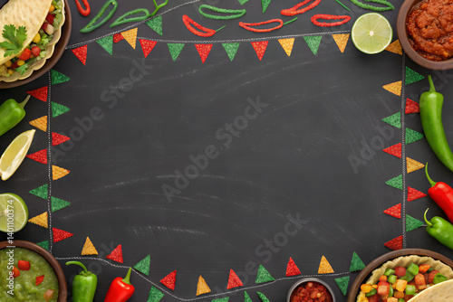 Mexican Food Celebration Banner With Tacos Salsa Guacamole And Colorful Peppers