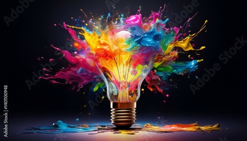 creative light bulb explodes with colorful paint and splashes on a black background think differently creative idea concept