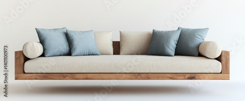 Floating wooden sofa featuring pillows against a white background