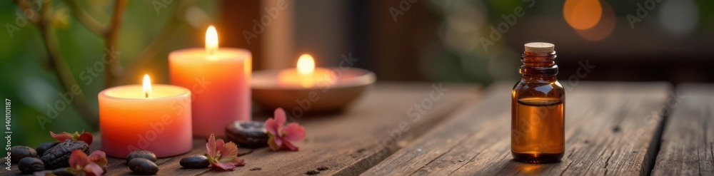 Aromatic essential oil and scented candles on a wooden table , candles, scents Aromatic essential oil and scented candles on a wooden table , candles, scents