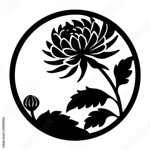 Elegant Black and White Chrysanthemum Floral Design in a Circular Frame