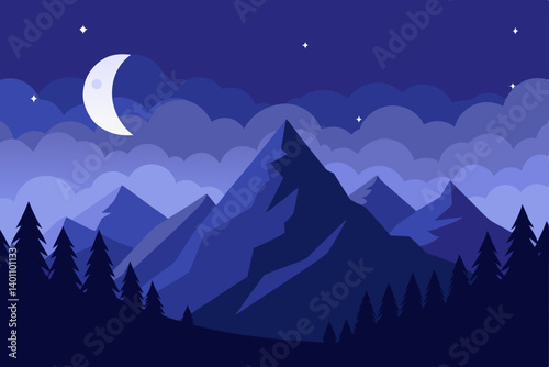 night landscape with mountains and clouds