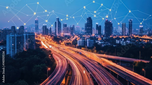 Modern Cityscape Nighttime View With Network Connecting the Metropolis