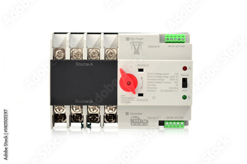 Automatic transfer switch (ATS) for power supply systems, isolated on white background, showing electrical terminals and control panel photo