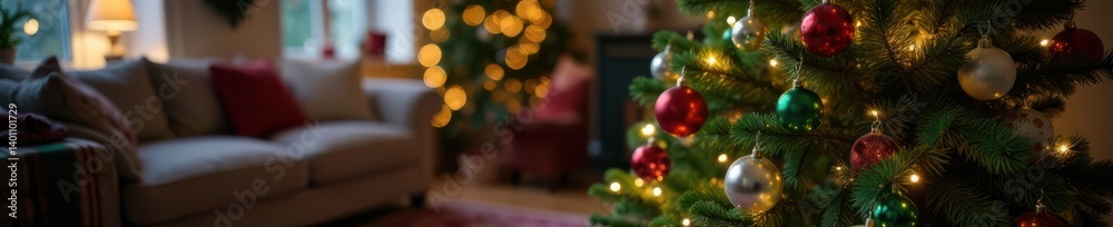 Evergreen tree in a cozy room with colorful ornaments and lights, Evergreen Tree, Christmas Colors Evergreen tree in a cozy room with colorful ornaments and lights, Evergreen Tree, Christmas Colors