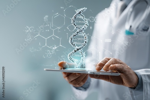 Doctor using digital tablet with futuristic dna interface concept display