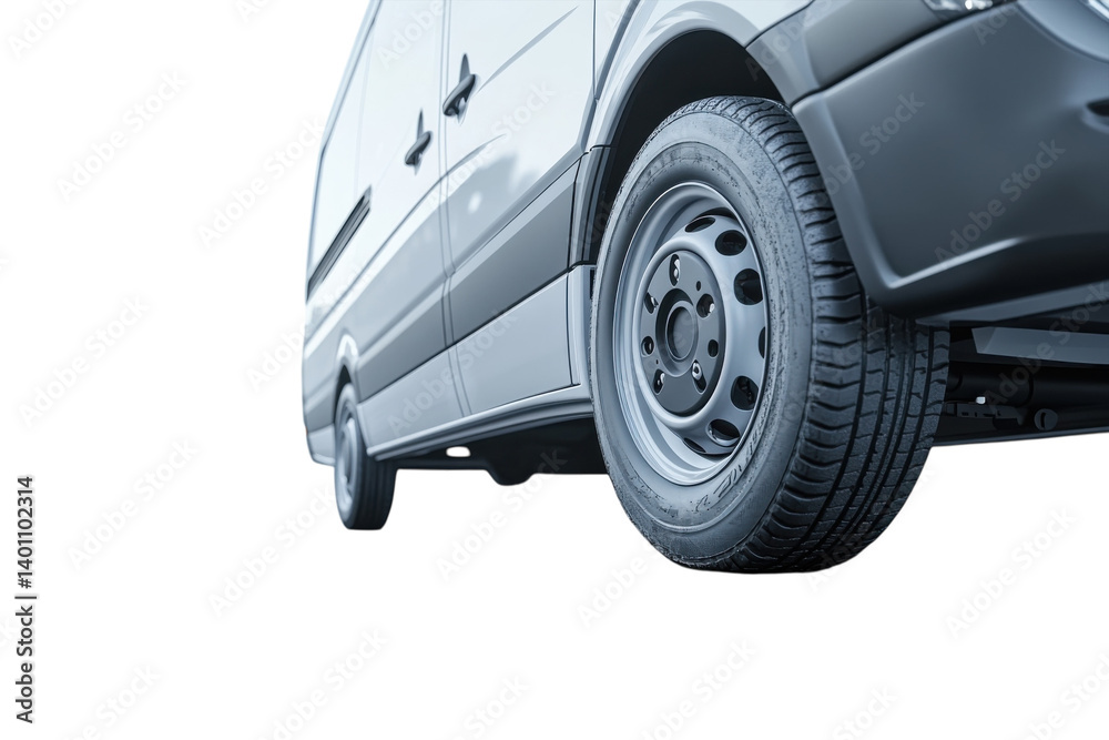 Sleek silver delivery van close up showcasing its robust tire and wheel on transparent background Sleek silver delivery van close up showcasing its robust tire and wheel on transparent background