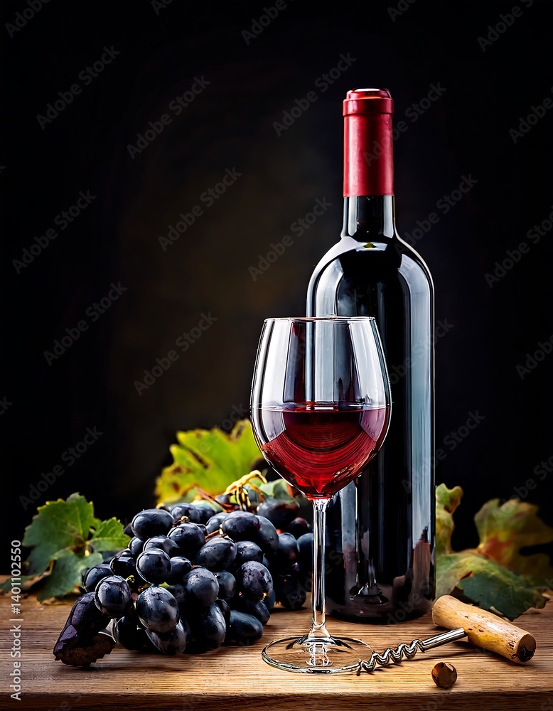 Red Wine Bottle and Glass with Grapes on Rustic Wooden Table. AI Generative