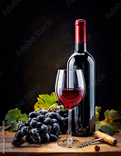 Obraz na płótnie Red Wine Bottle and Glass with Grapes on Rustic Wooden Table. AI Generative w salonie
