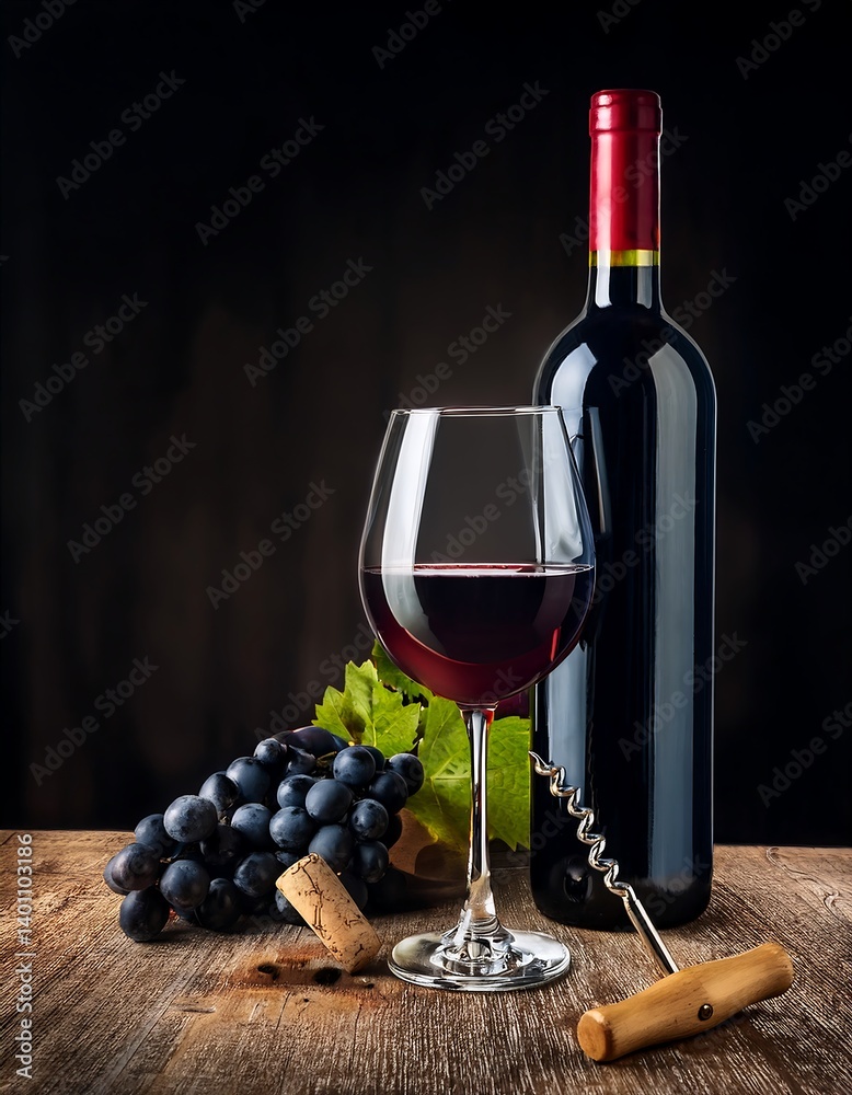 Red Wine Bottle and Glass with Grapes on Rustic Wooden Table. AI Generative