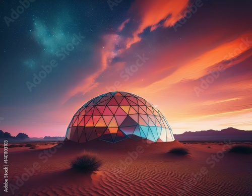 geodesic dome structure with desert landscape and colorful sky