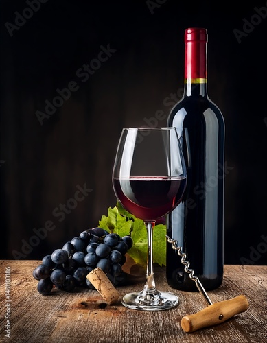 Red Wine Bottle and Glass with Grapes on Rustic Wooden Table. AI Generative