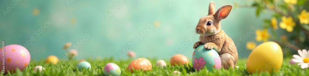 Obraz premium Colorful rabbit cutout sitting on a decorated Easter egg, easter, card
