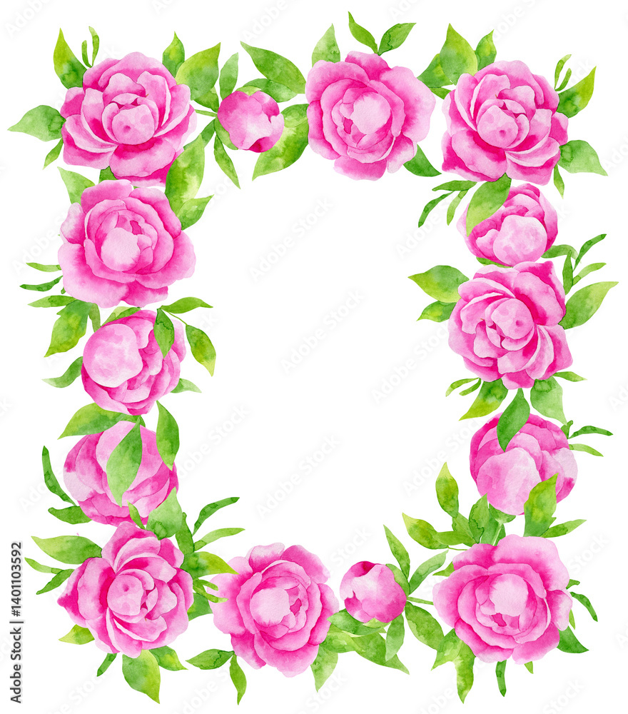 Watercolor romantic square frame with pink peonies flowers and green leaves. Floral frame for greeting card, wedding, posters, invitations. Watercolor romantic square frame with pink peonies flowers and green leaves. Floral frame for greeting card, wedding, posters, invitations.