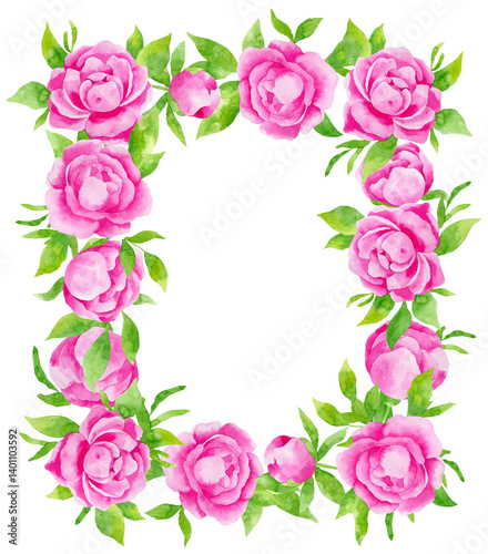 Watercolor romantic square frame with pink peonies flowers and green leaves. Floral frame for greeting card, wedding, posters, invitations.