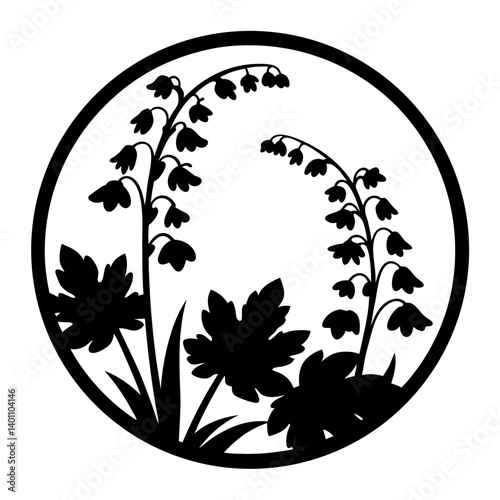 Elegant Black and White Floral Circle Design Featuring Lily of the Valley and Other Flowers
