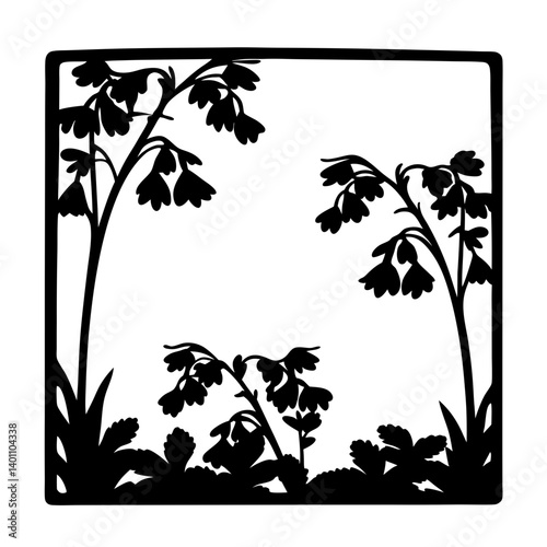 Silhouette artwork of bell shaped wildflowers- Black and white square illustration showing bell-shaped wildflowers and leafy plants in decorative silhouette style for design and print